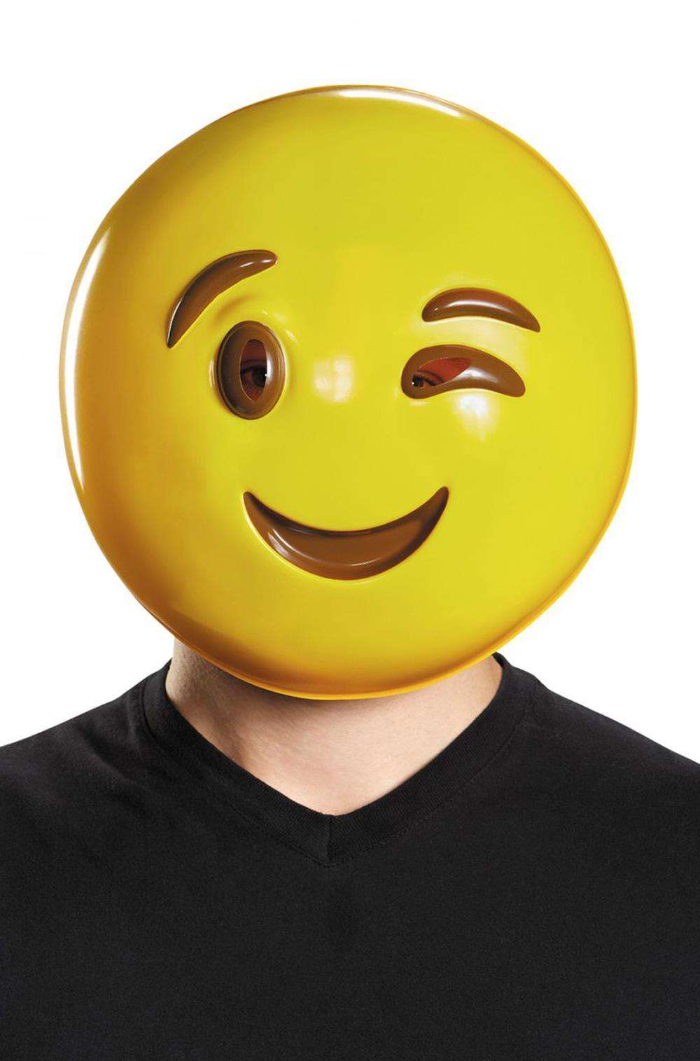 Yellow plastic adult half mask with wink emoji face and raised smile details