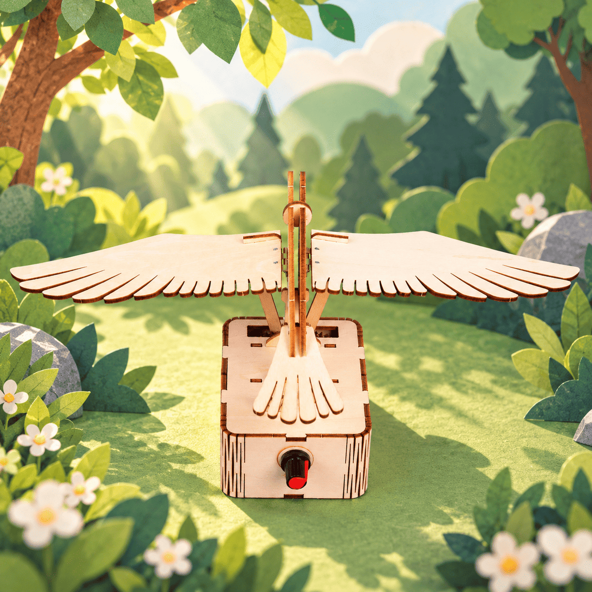 Wooden flapping bird model front view with central post and underside control knob