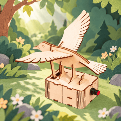 Wooden flapping bird model on base with wing linkage and crank handle
