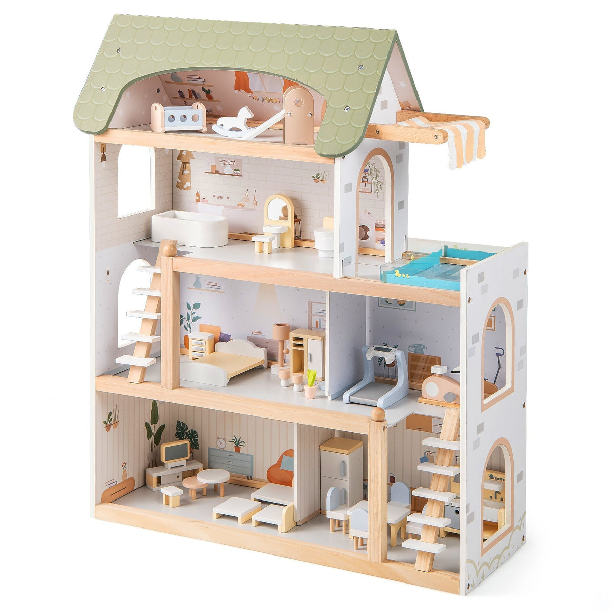 Wooden Dollhouse with 33-Piece Furniture Set and Movable Stairs – Green