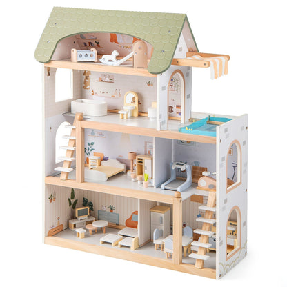 Wooden Dollhouse with 33-Piece Furniture Set and Movable Stairs – Green
