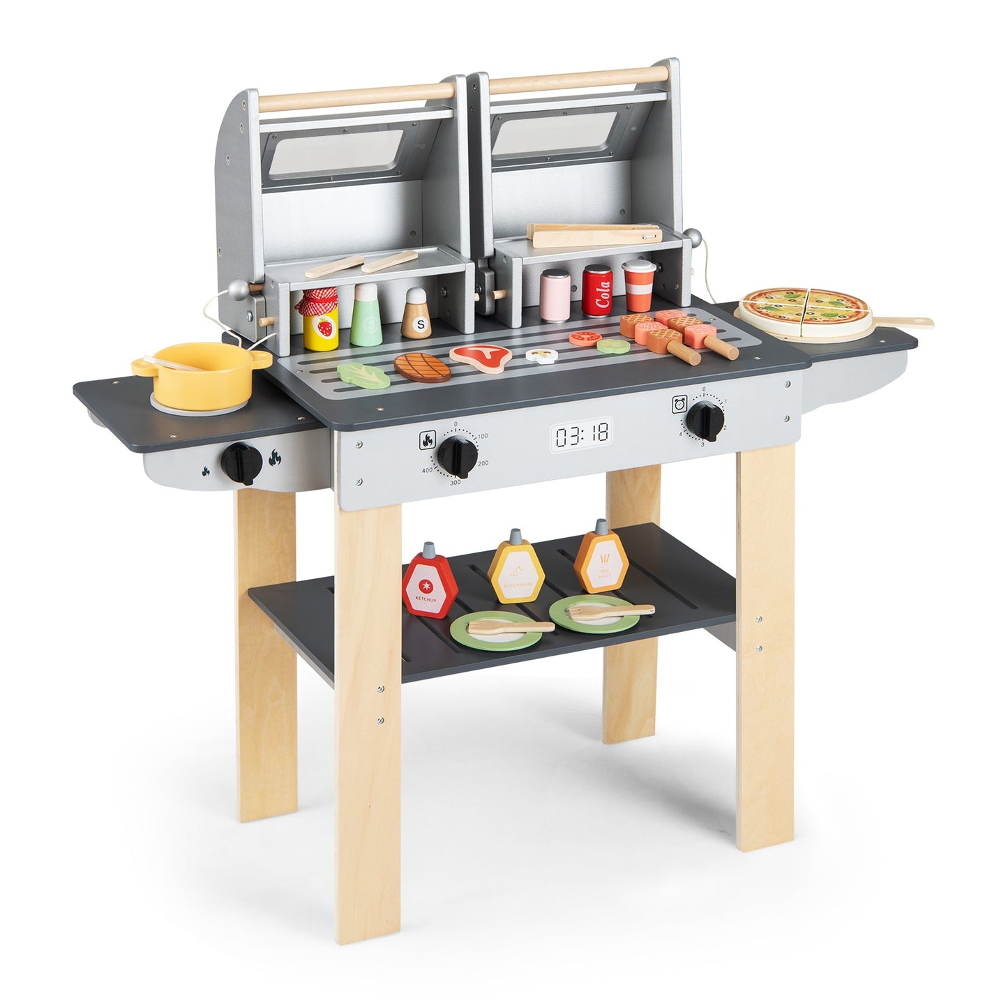 Wooden Kids BBQ Grill Playset | Grilling Tools + Play Foods | Safety Latch | Ages 3+ | ASTM/CPSIA Compliant