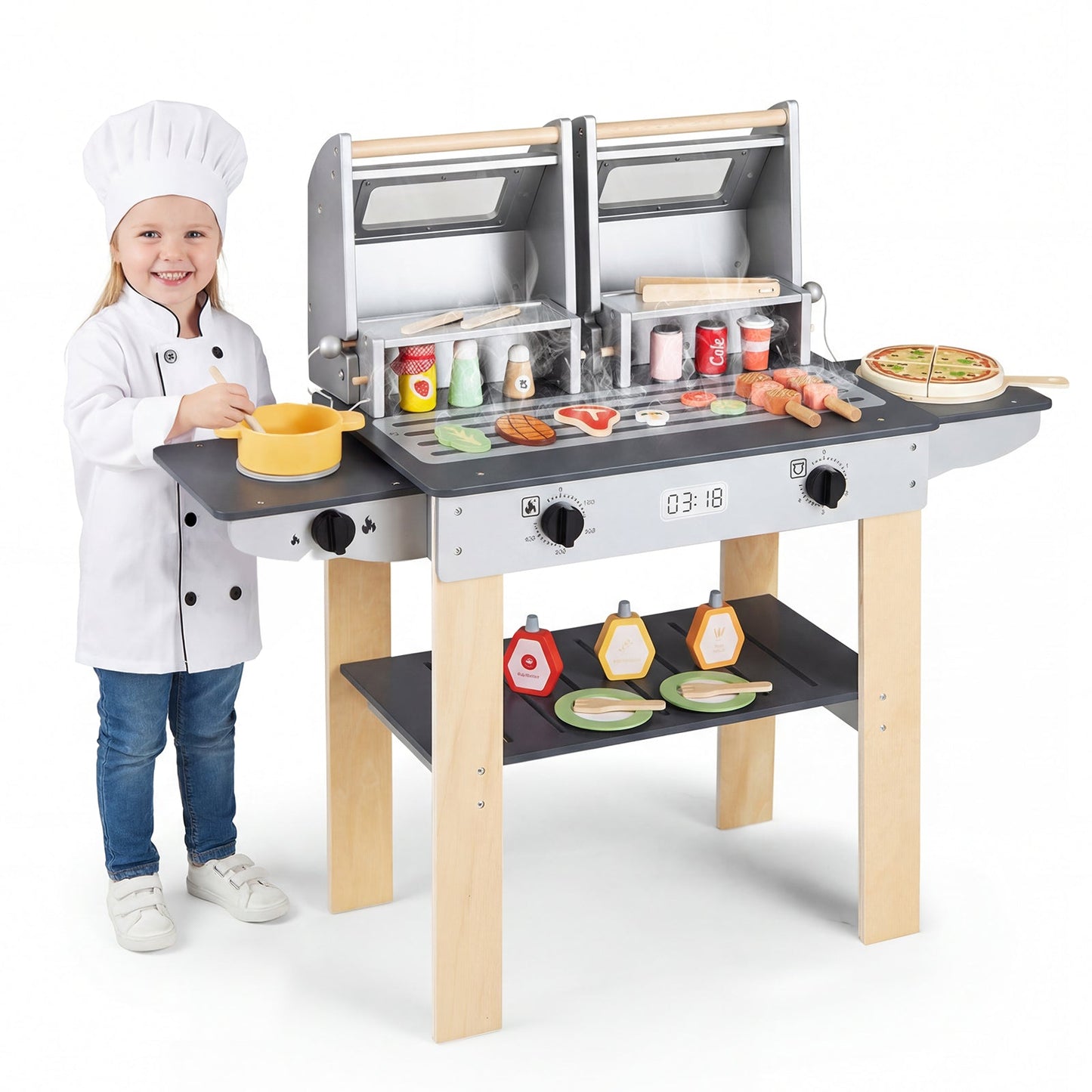 Wooden Kids BBQ Grill Playset | Grilling Tools + Play Foods | Safety Latch | Ages 3+ | ASTM/CPSIA Compliant