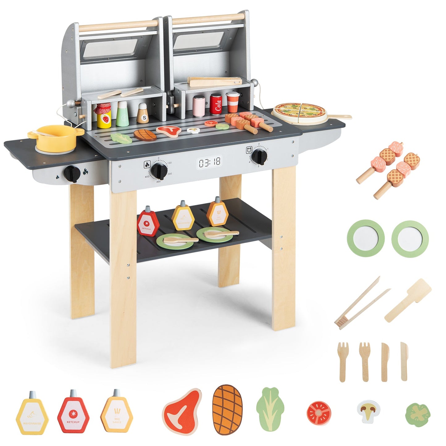 Wooden Kids BBQ Grill Playset | Grilling Tools + Play Foods | Safety Latch | Ages 3+ | ASTM/CPSIA Compliant