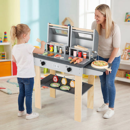 Wooden Kids BBQ Grill Playset | Grilling Tools + Play Foods | Safety Latch | Ages 3+ | ASTM/CPSIA Compliant