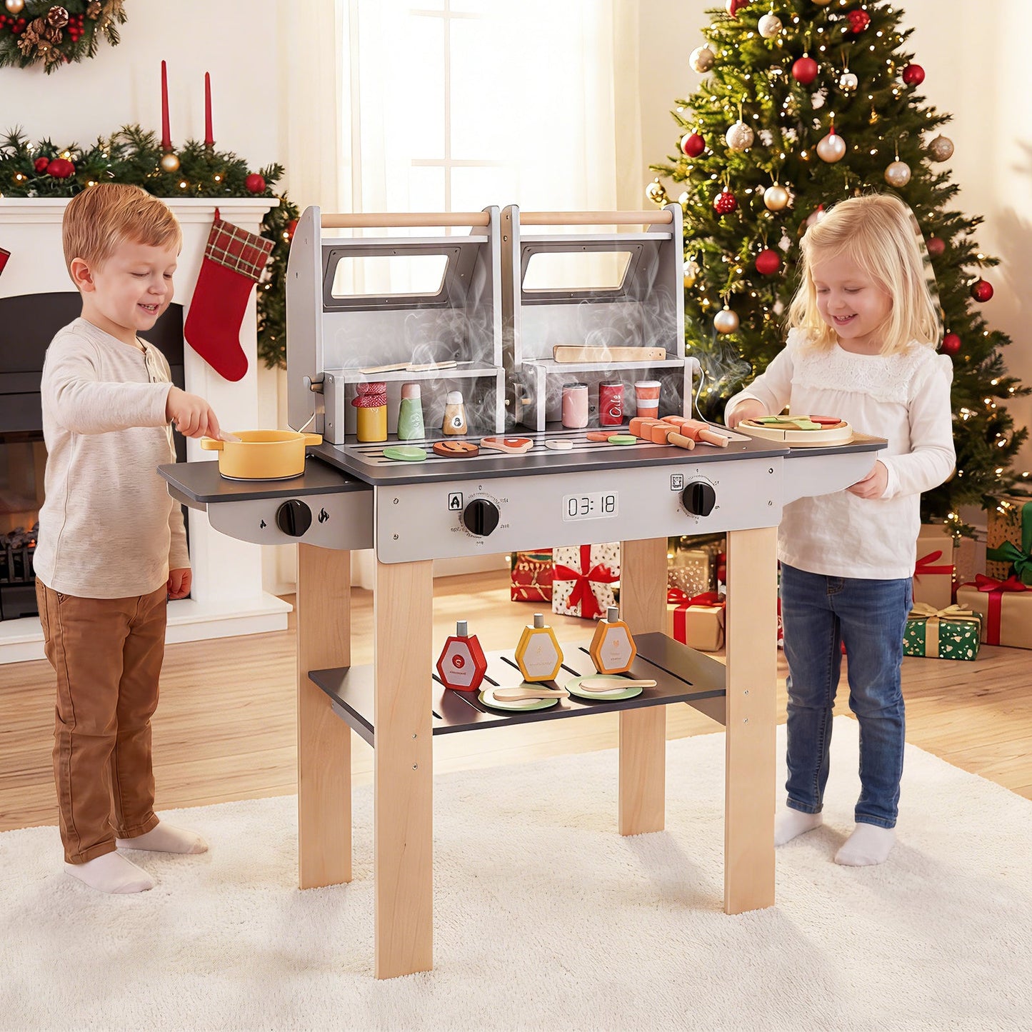 Wooden Kids BBQ Grill Playset | Grilling Tools + Play Foods | Safety Latch | Ages 3+ | ASTM/CPSIA Compliant