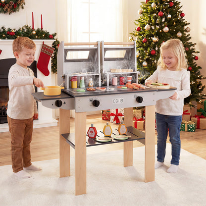 Wooden Kids BBQ Grill Playset | Grilling Tools + Play Foods | Safety Latch | Ages 3+ | ASTM/CPSIA Compliant