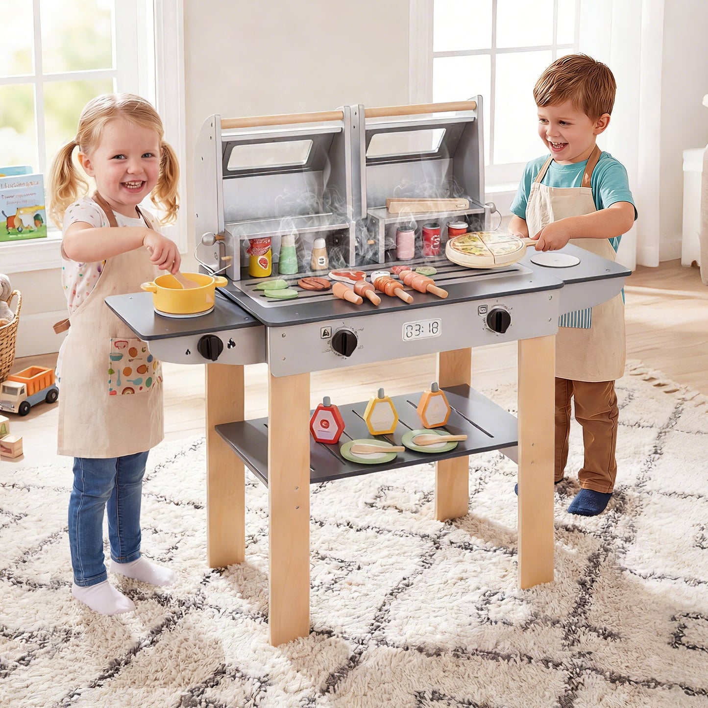 Wooden Kids BBQ Grill Playset | Grilling Tools + Play Foods | Safety Latch | Ages 3+ | ASTM/CPSIA Compliant