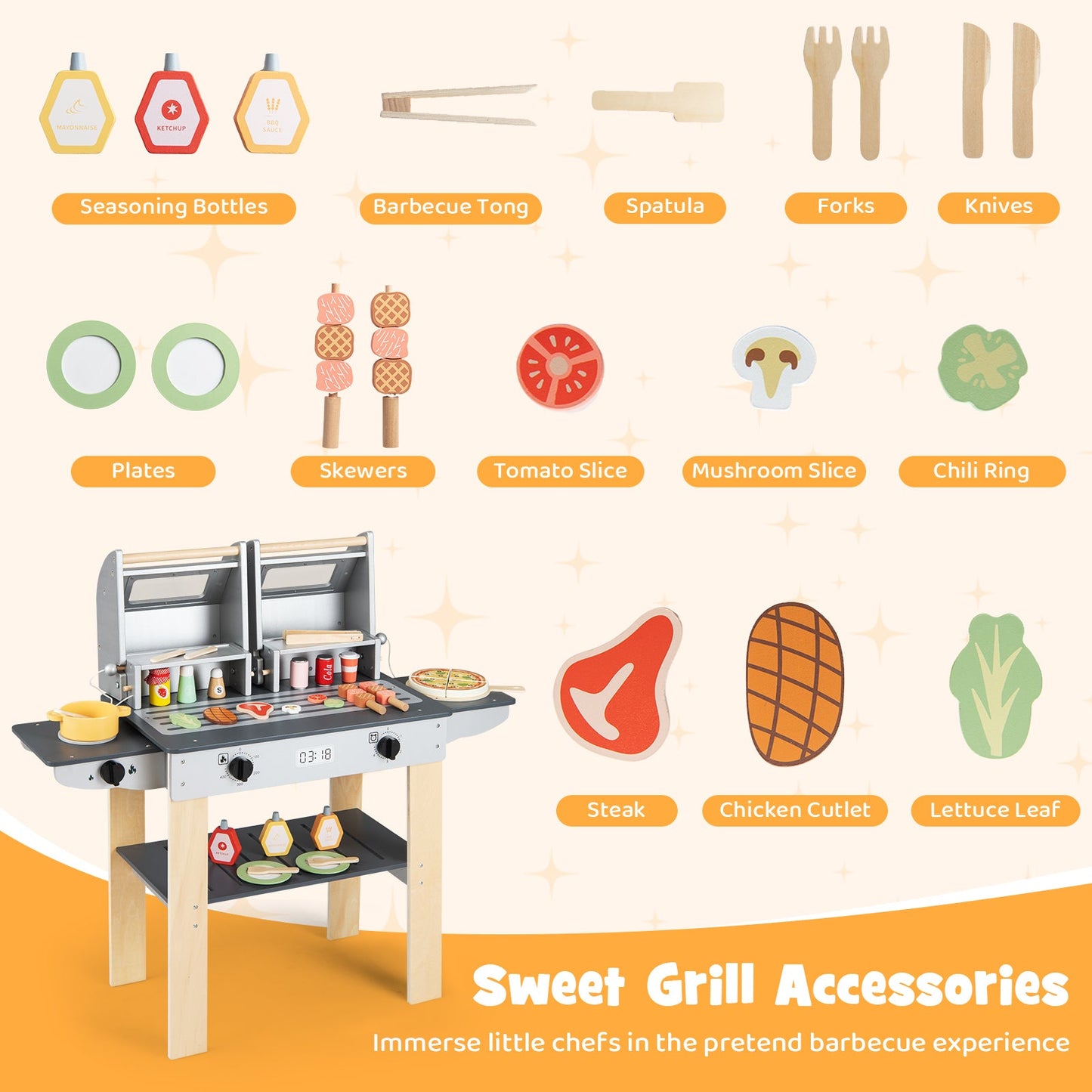 Wooden Kids BBQ Grill Playset | Grilling Tools + Play Foods | Safety Latch | Ages 3+ | ASTM/CPSIA Compliant