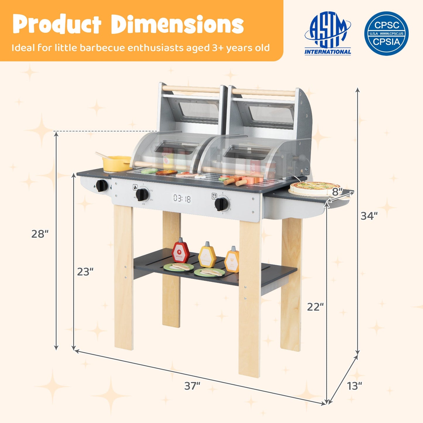 Wooden Kids BBQ Grill Playset | Grilling Tools + Play Foods | Safety Latch | Ages 3+ | ASTM/CPSIA Compliant