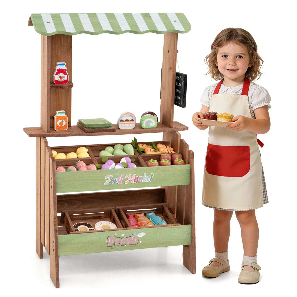 Wooden market playset with green canopy, produce bins, pretend groceries and chalkboard