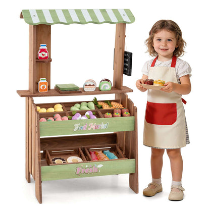 Wooden market playset with green canopy, produce bins, pretend groceries and chalkboard