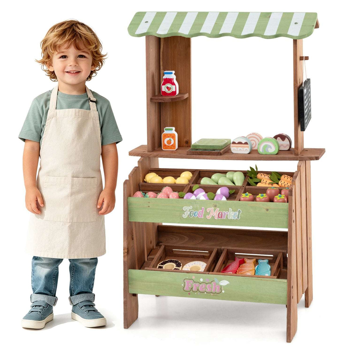 Wooden grocery store playset with green-front bins, shelves and pretend food