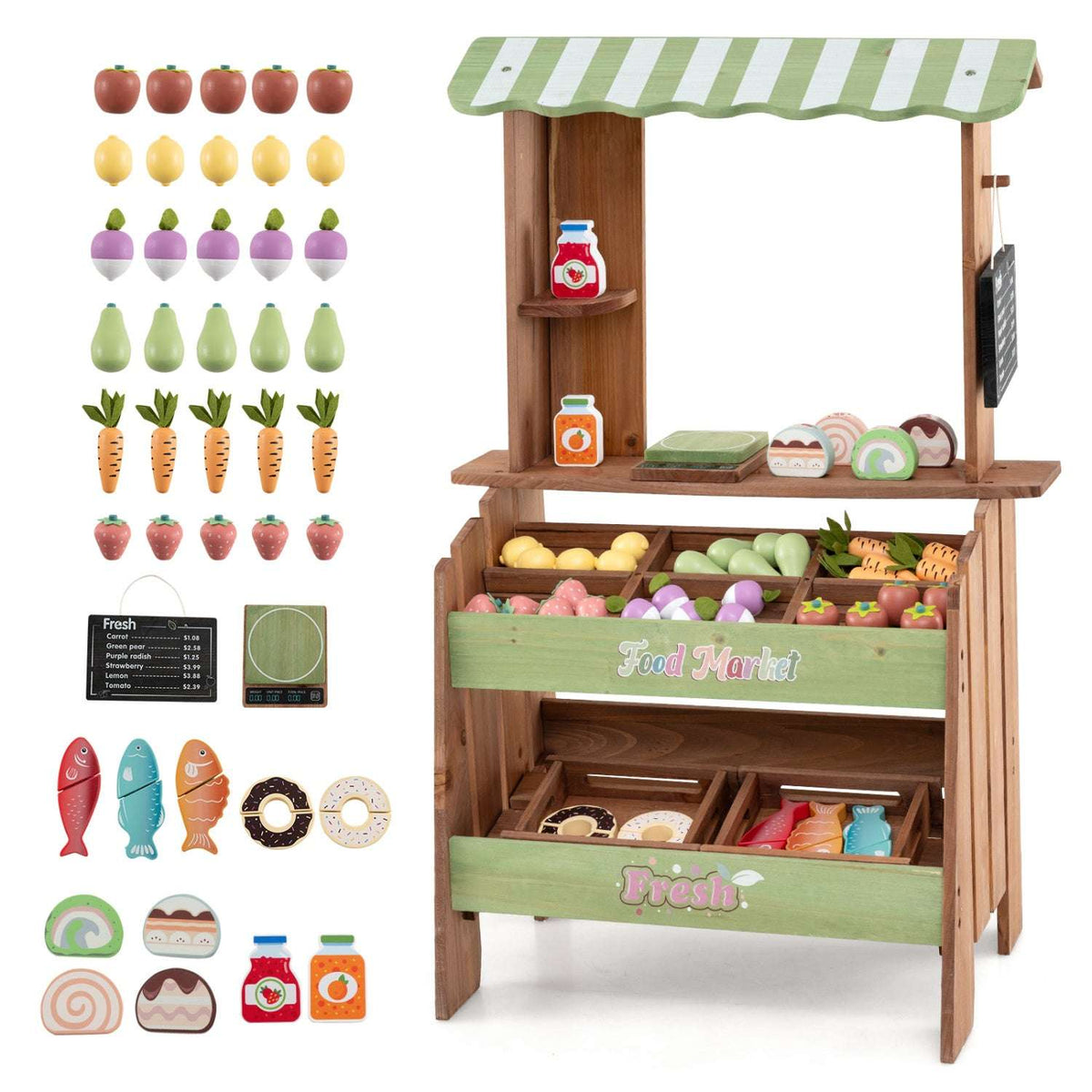 Wooden grocery store playset with pretend fruit, vegetables, fish, baked goods and accessories