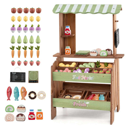 Wooden grocery store playset with pretend fruit, vegetables, fish, baked goods and accessories