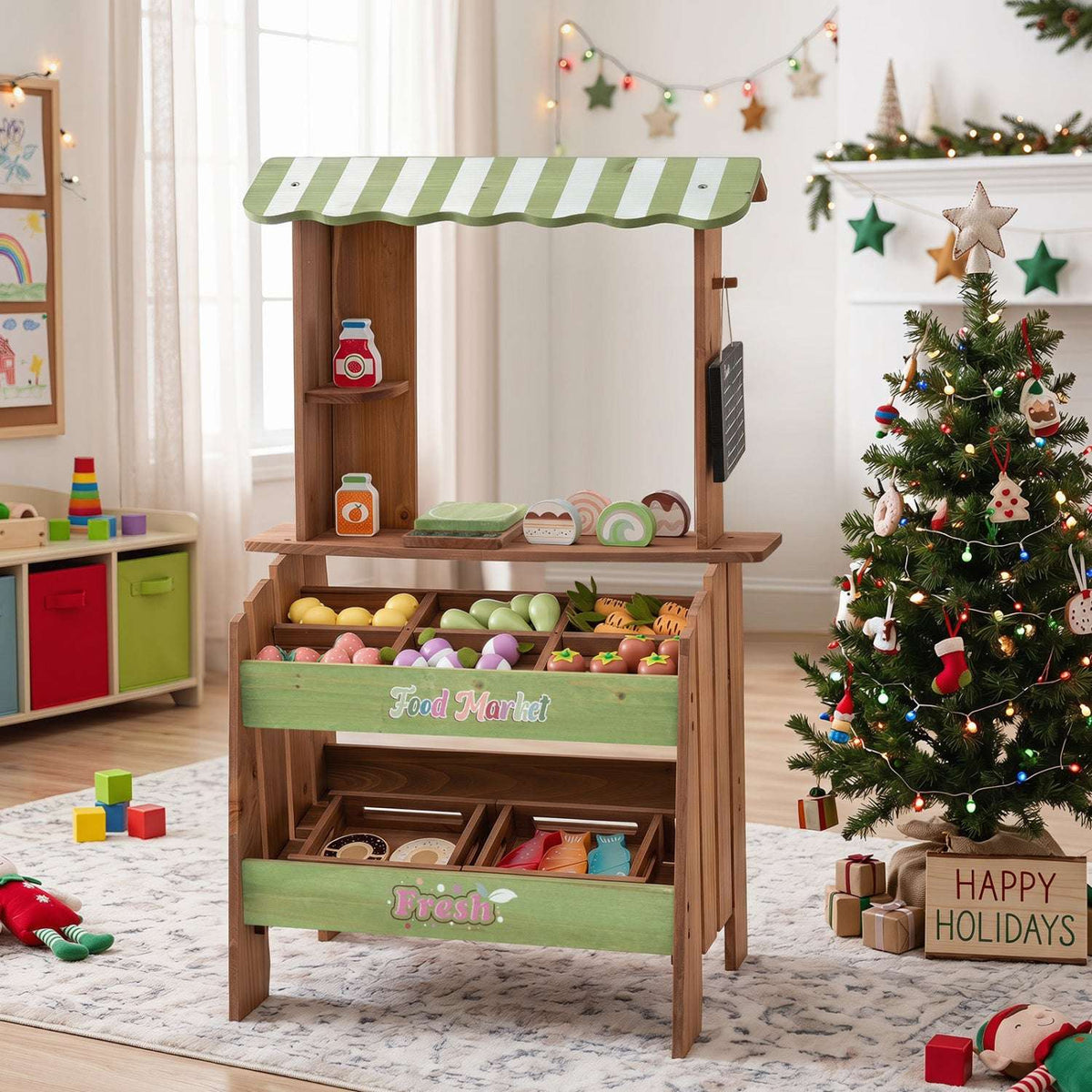 Wooden grocery store playset with green striped canopy, produce bins, shelves and pretend food