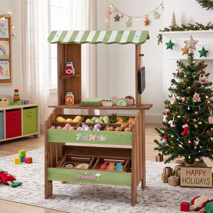 Wooden grocery store playset with green striped canopy, produce bins, shelves and pretend food