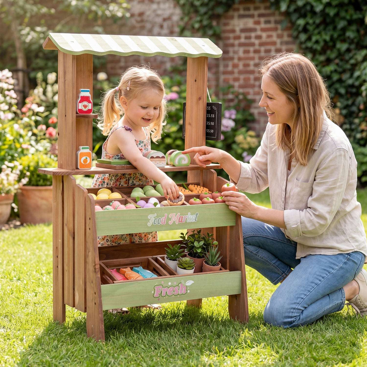 Wooden grocery store playset with produce bins and pretend food, shown in child-sized play