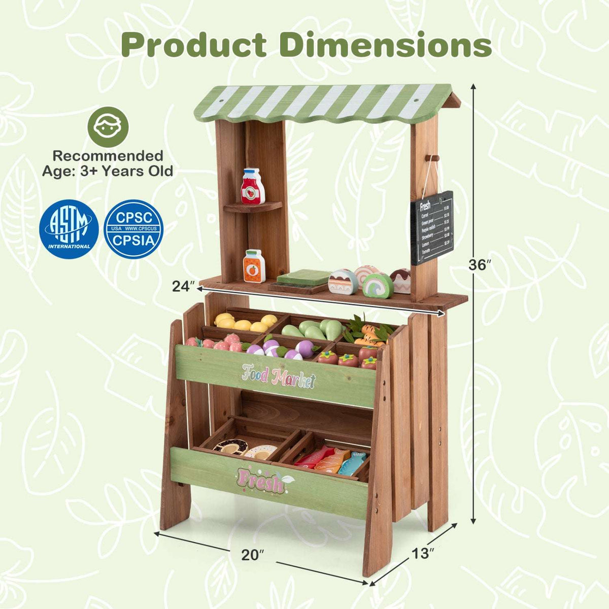 Wooden grocery store playset with green striped canopy and produce bins; dimensions shown