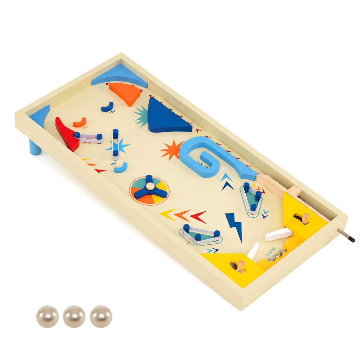 Wooden Pinball Machine | 3 Metal Marbles | Spring Launcher | MDF | Ages 8+ | 22” × 10.5”