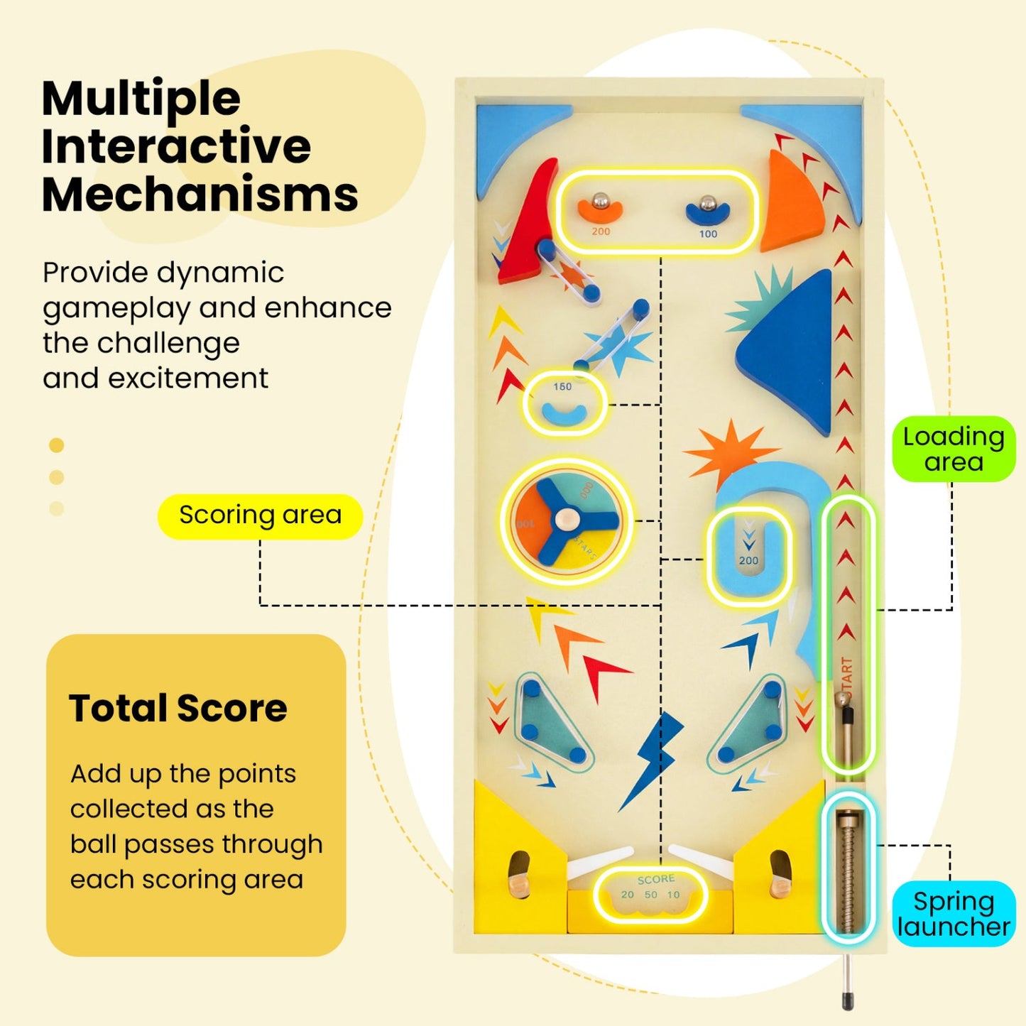 Wooden Pinball Machine | 3 Metal Marbles | Spring Launcher | MDF | Ages 8+ | 22” × 10.5”