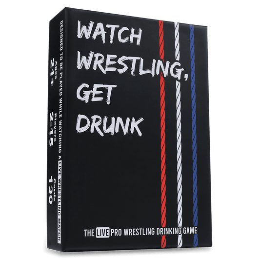 Black board game box with bold 'Watch Wrestling, Get Drunk' title and striped accents
