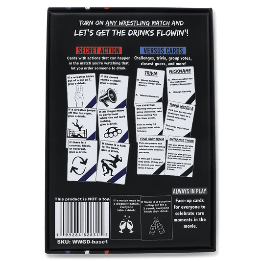 Back of black board game box showing secret action, trivia, nickname, and rule text