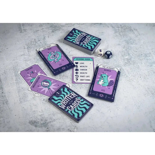 Fortune card game set with purple character cards, teal deck box, and small dice