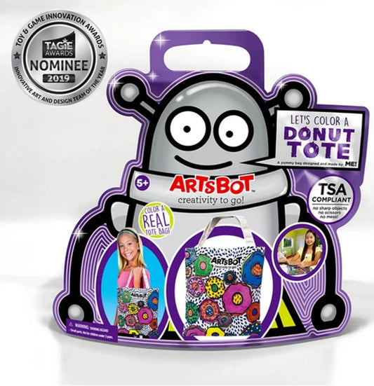 Kids craft kit packaging for purple donut tote bag, ArtsBot character graphic