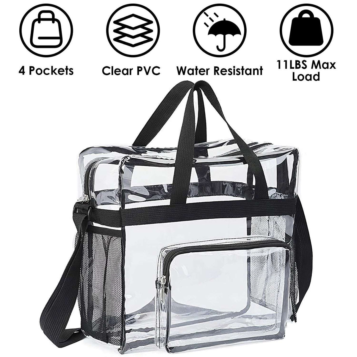 Clear PVC crossbody tote with rectangular front window pocket and zip front