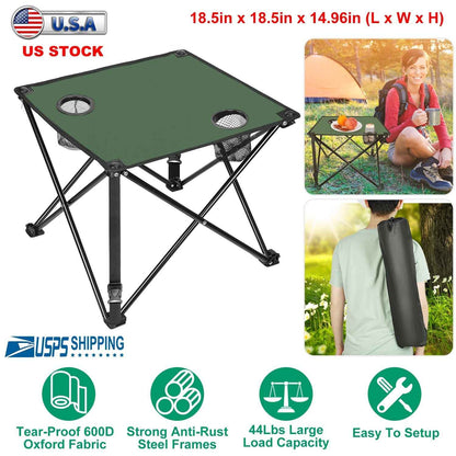 LakeForest Folding Camping Table with 2 Cup Holders – 600D Oxford, 44 lb Capacity | 18.5"x18.5" | 2.2 lbs | 1-Pc & 2-Pc Sets