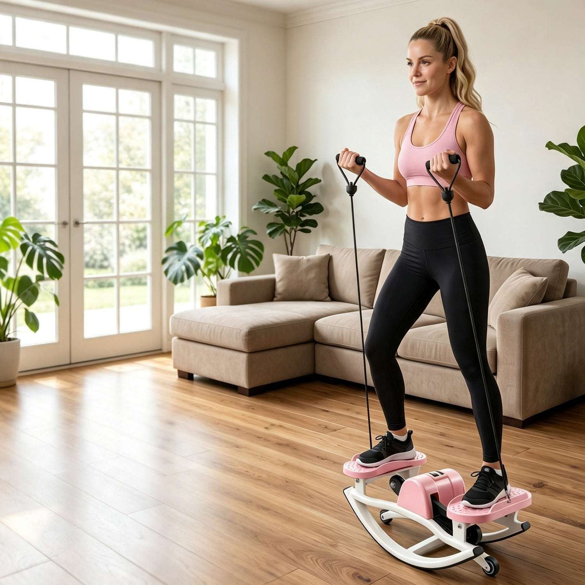 Woman using a pink and white swing stepper with resistance bands