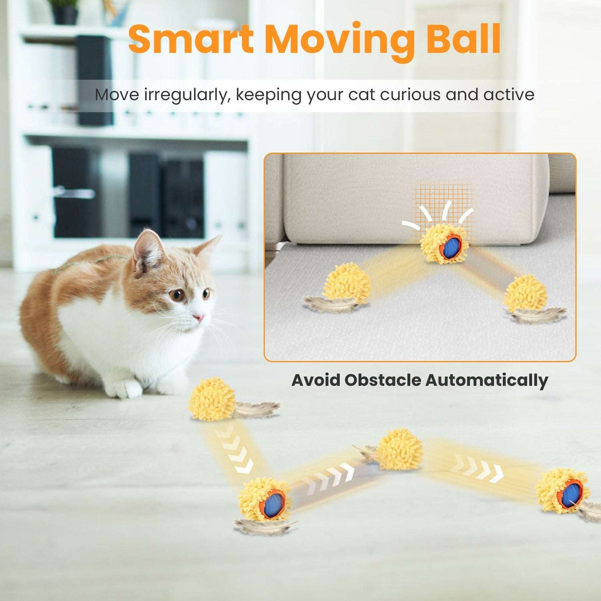 Smart moving cat toy with fuzzy yellow balls and blue centers moving across floor