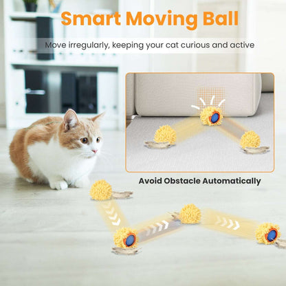 Smart moving cat toy with fuzzy yellow balls and blue centers moving across floor