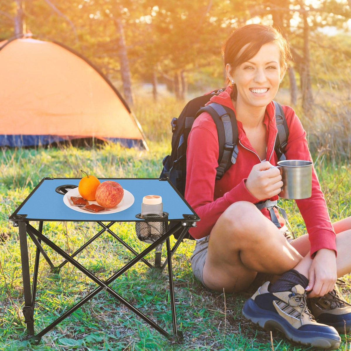 LakeForest Folding Camping Table with 2 Cup Holders – 600D Oxford, 44 lb Capacity | 18.5"x18.5" | 2.2 lbs | 1-Pc & 2-Pc Sets
