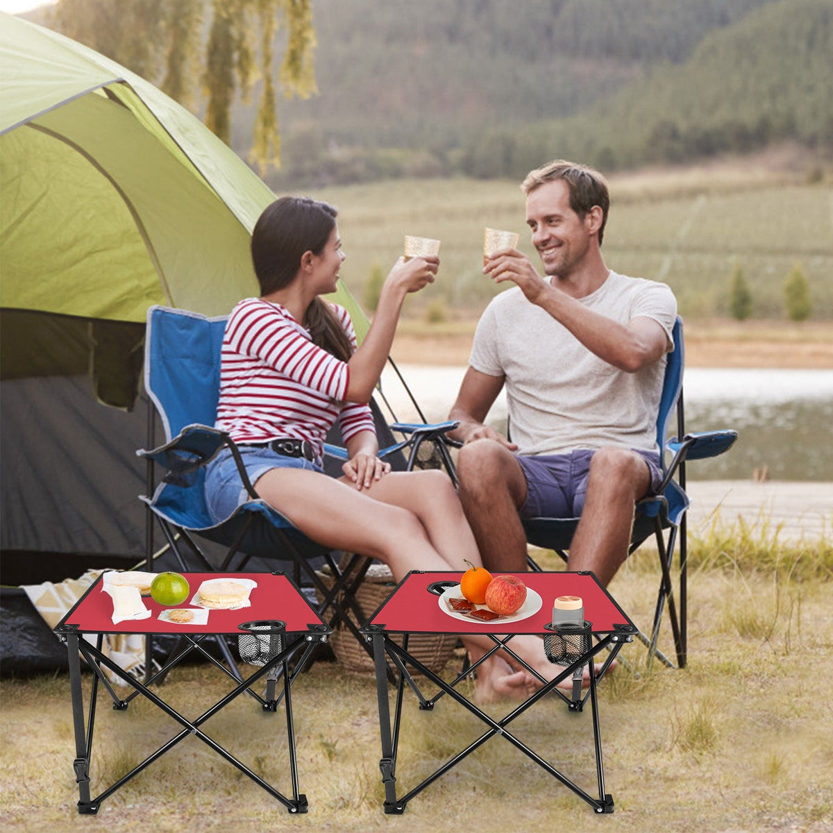 LakeForest Folding Camping Table with 2 Cup Holders – 600D Oxford, 44 lb Capacity | 18.5"x18.5" | 2.2 lbs | 1-Pc & 2-Pc Sets