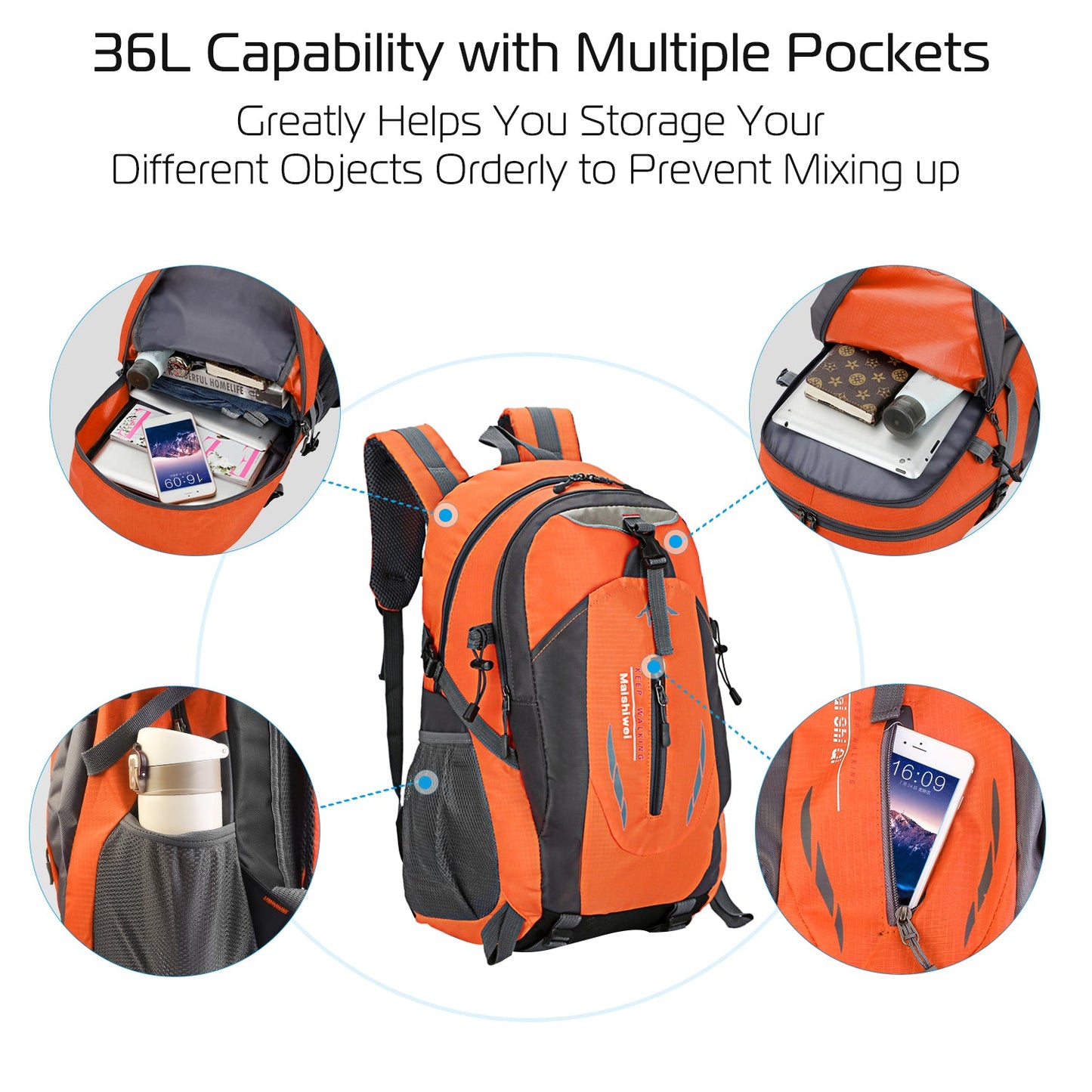 36L Outdoor Backpack | Water-Repellent Nylon | Ergonomic | 373g | iNova | Orange