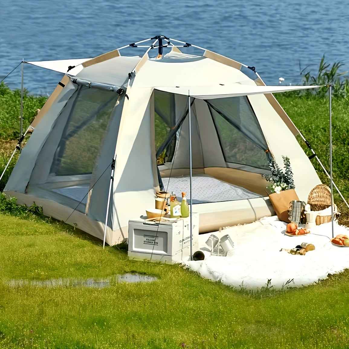 2-3 Person Camping Tent with Awning – Quick Setup, All-Season | Mosquito Net, UV Protection & Waterproof Oxford Fabric | Beige