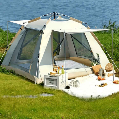2-3 Person Camping Tent with Awning – Quick Setup, All-Season | Mosquito Net, UV Protection & Waterproof Oxford Fabric | Beige