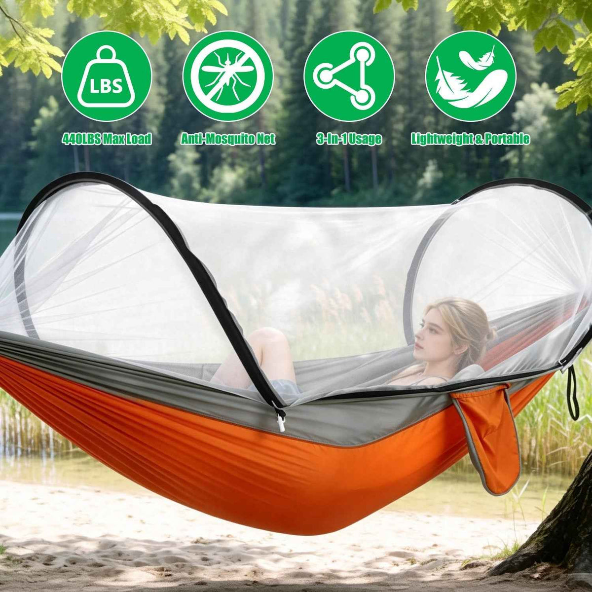 3-in-1 Camping Hammock with Mosquito Net – 440 lb Capacity, 70D Nylon | Pop-Up Net, Dual Zippers | 1.43 lbs | 3 Colors