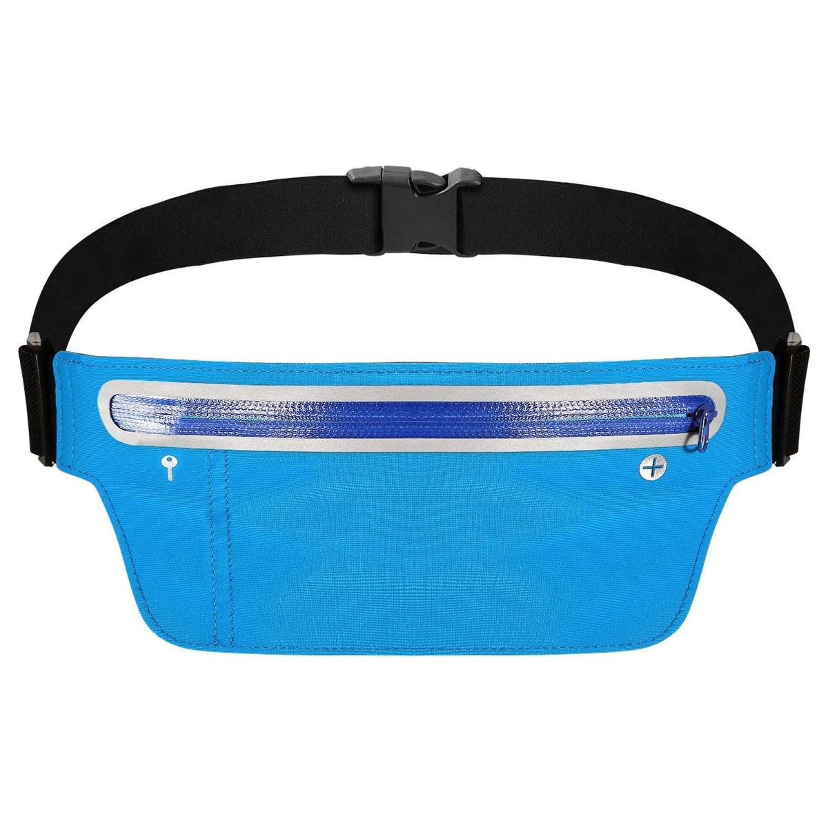 Blue running waist pack with zip front pocket and adjustable black strap