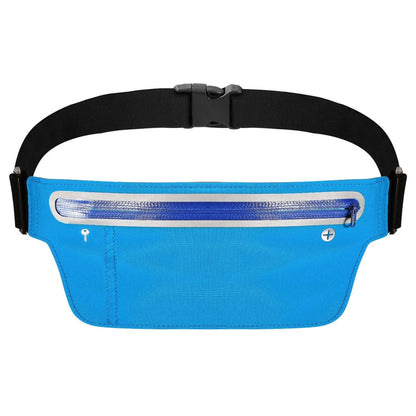 Blue running waist pack with zip front pocket and adjustable black strap