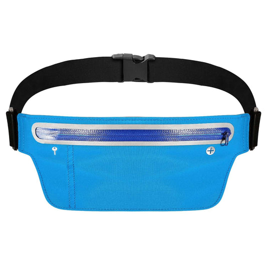 Blue running waist pack with zip front pocket and adjustable black strap