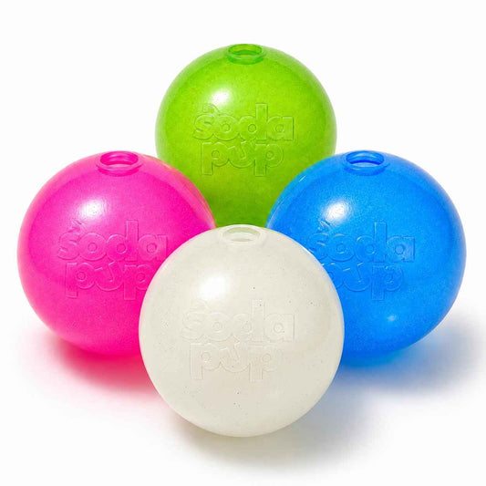 Set of SodaPup glitter floating dog fetch balls in blue, green, pink, and white