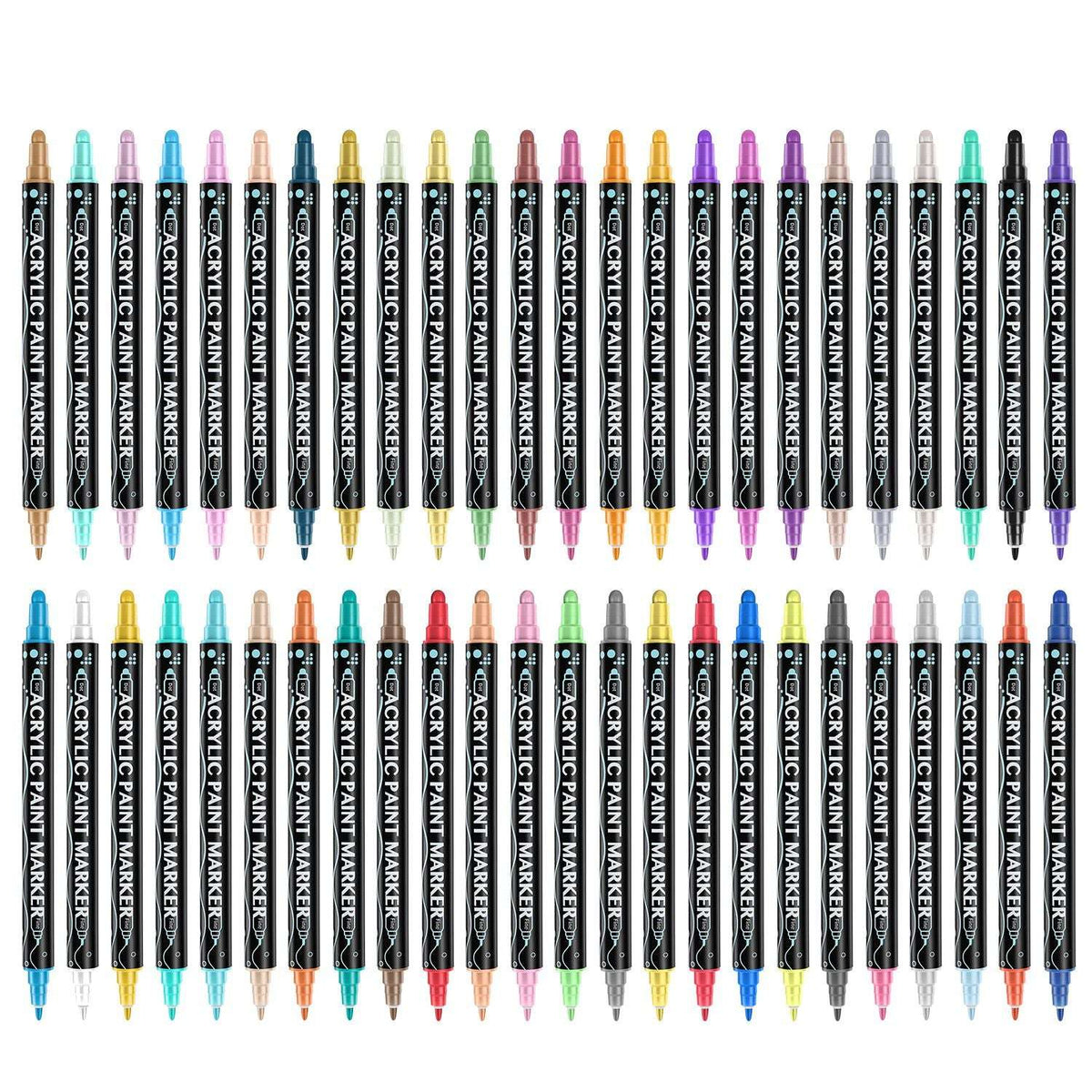 Dual-tip acrylic paint marker set with 48 assorted color markers, fine tip and chisel tip.
