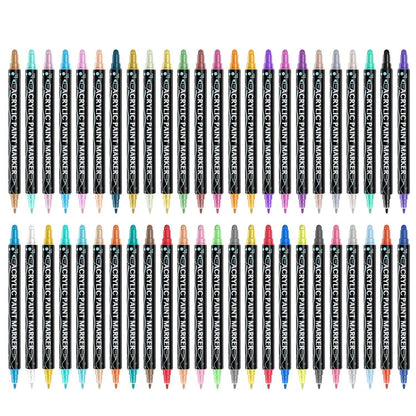 Dual-tip acrylic paint marker set with 48 assorted color markers, fine tip and chisel tip.