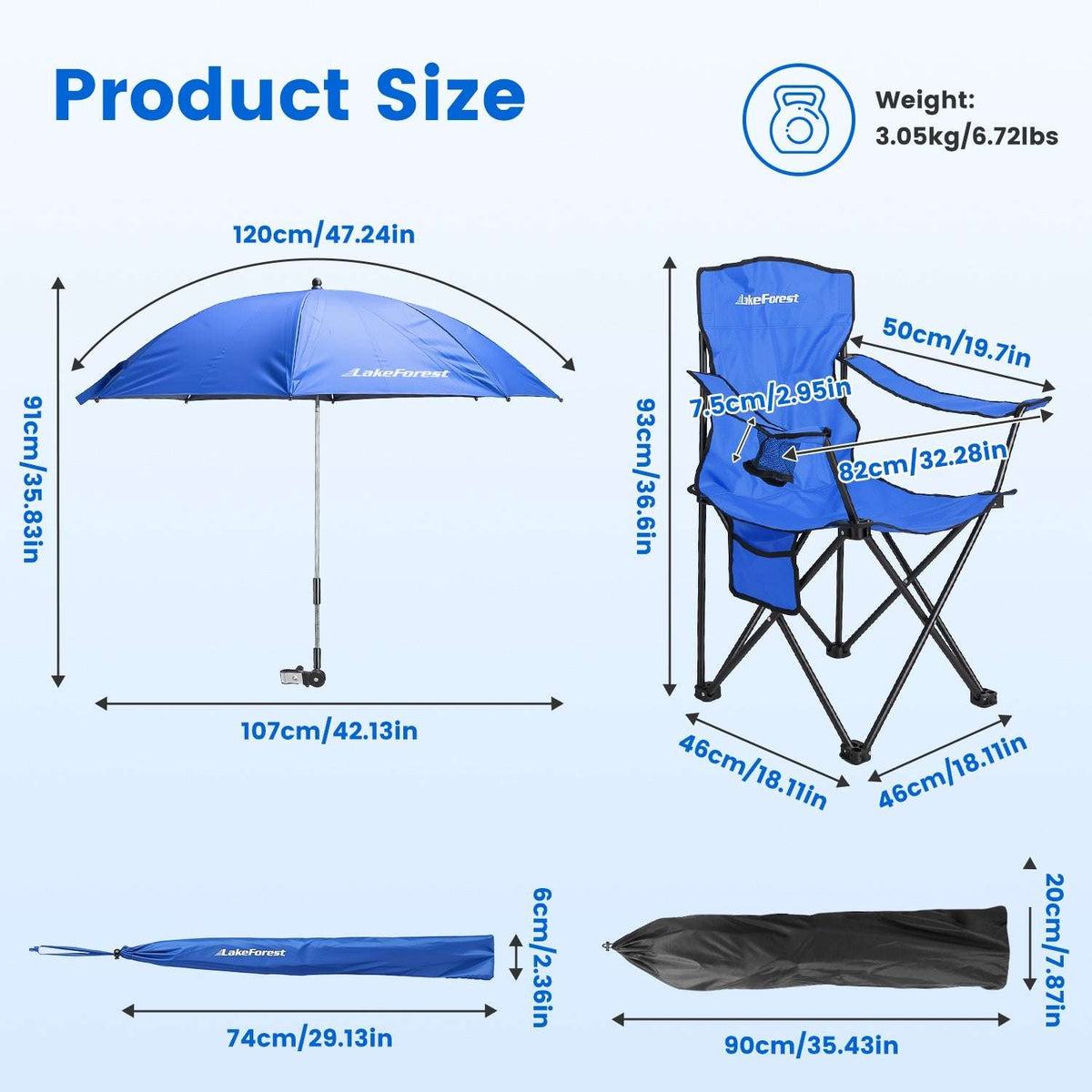 Blue folding camping chair with umbrella—product size diagram and measurements