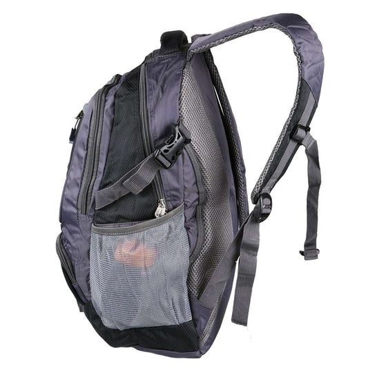 Dark gray nylon backpack with side pocket and front zip organizer compartment