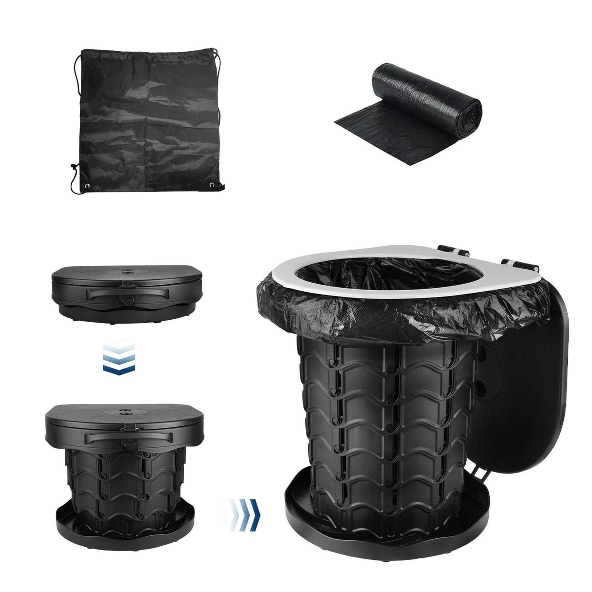 Black collapsible portable toilet with adjustable height, lid, liner bags and carrying case