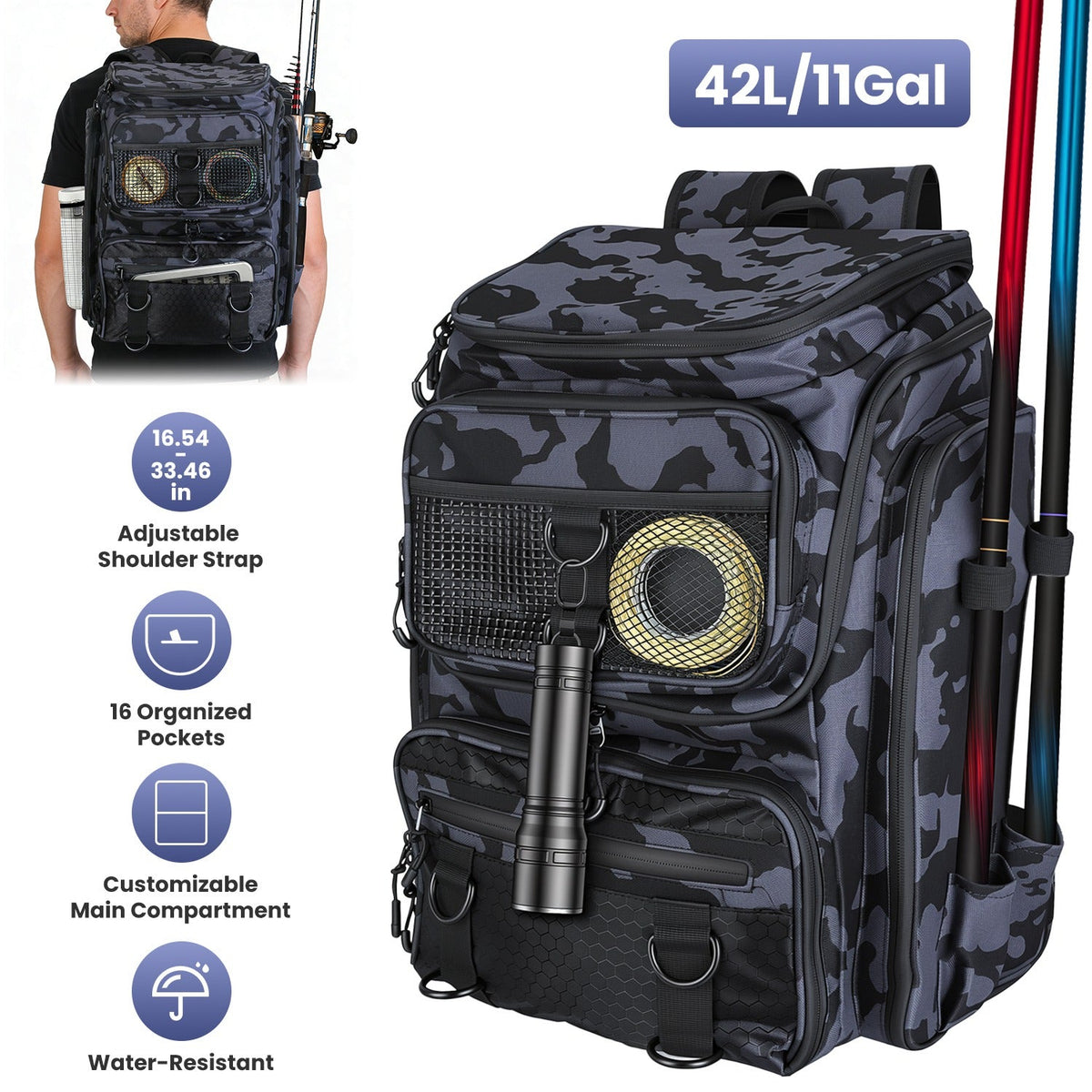 LakeForest Fishing Backpack – 42L, 16 Pockets, Dual Rod Holders & 8 D-Rings | 900D Polyester | 14.96"x9.06"x18.9" | Camo